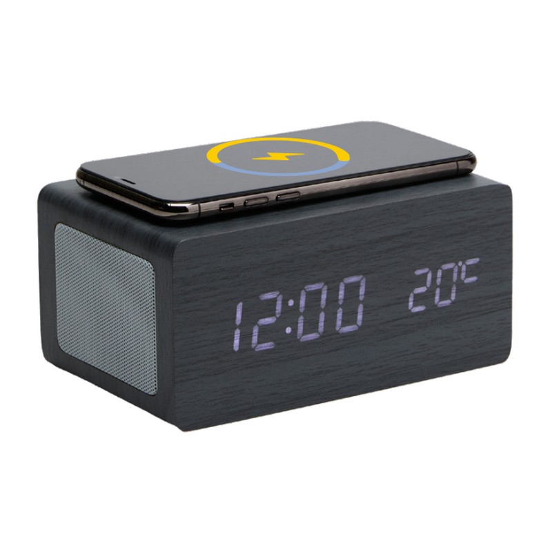 Orologio-sveglia digitale in legno nero con display LED, temperatura, ricarica cellulare wireless e speaker bluetooth - funzionamento con cavo USB incluso